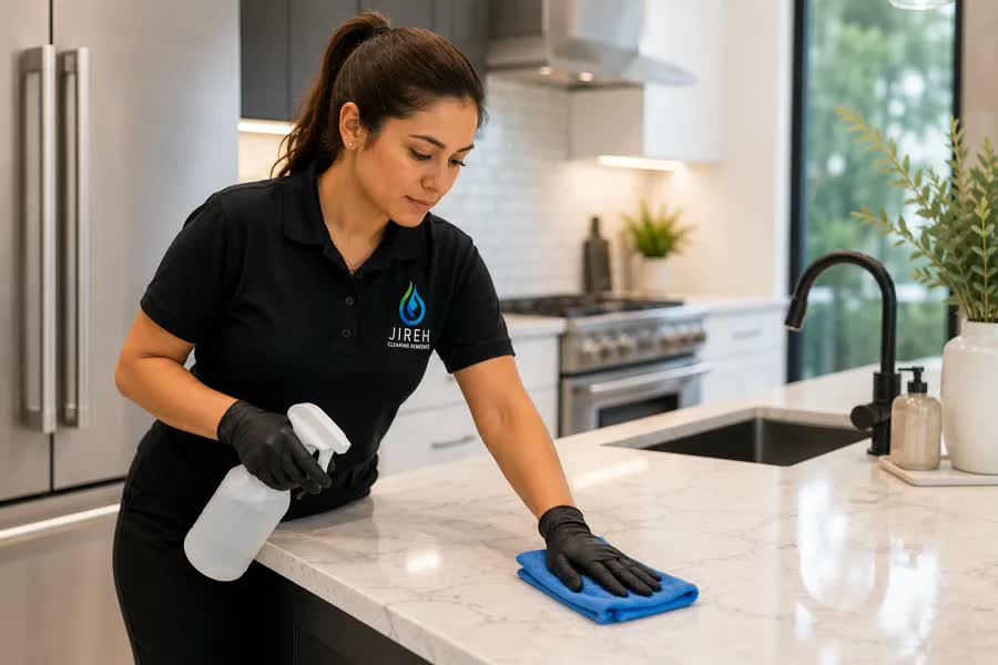 A Jireh cleaner wiping a marble kitchen counter, spray bottle in hand.